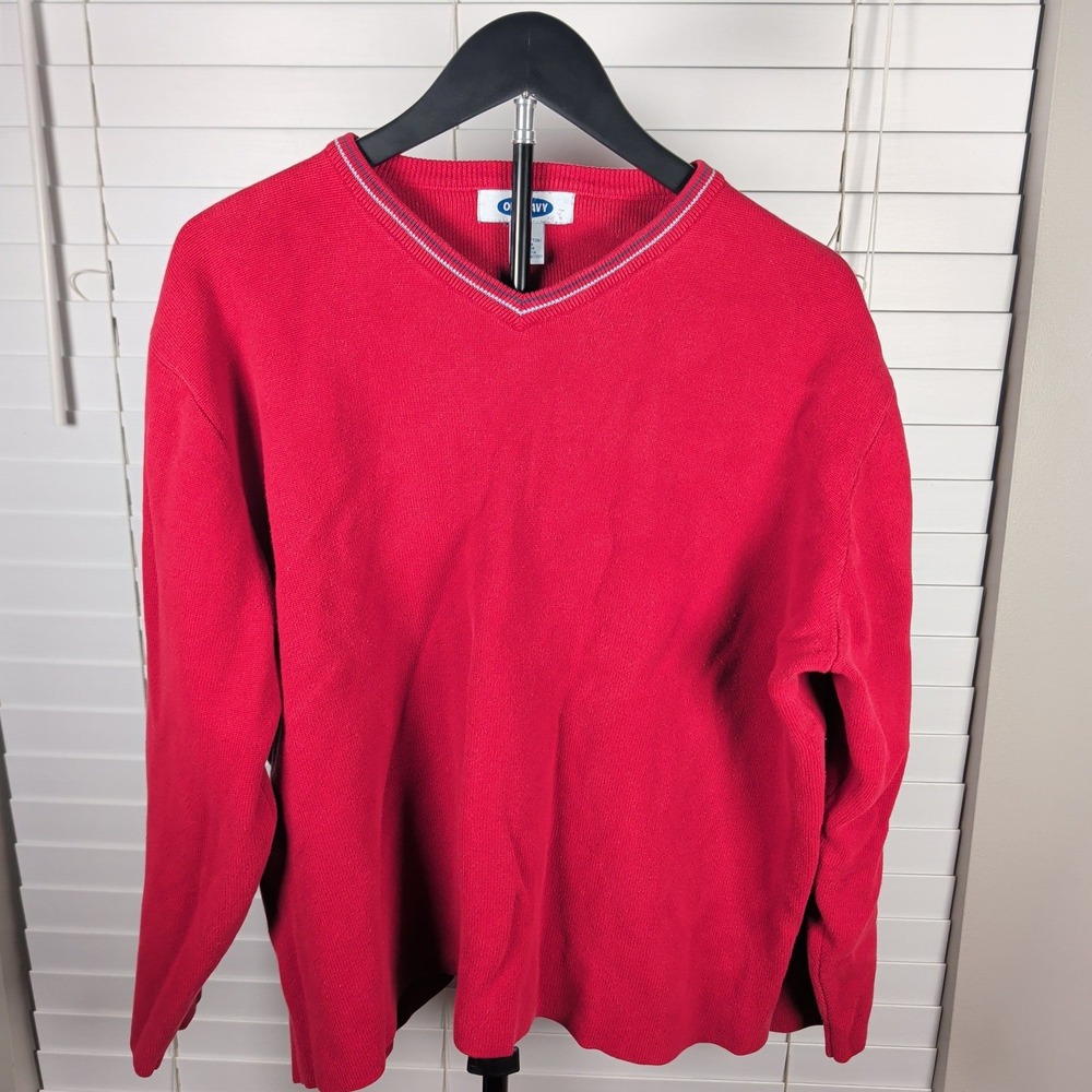 Old Navy V-Neck Sweater Mens XL Red Cotton Knit Pullover Classic Excellent